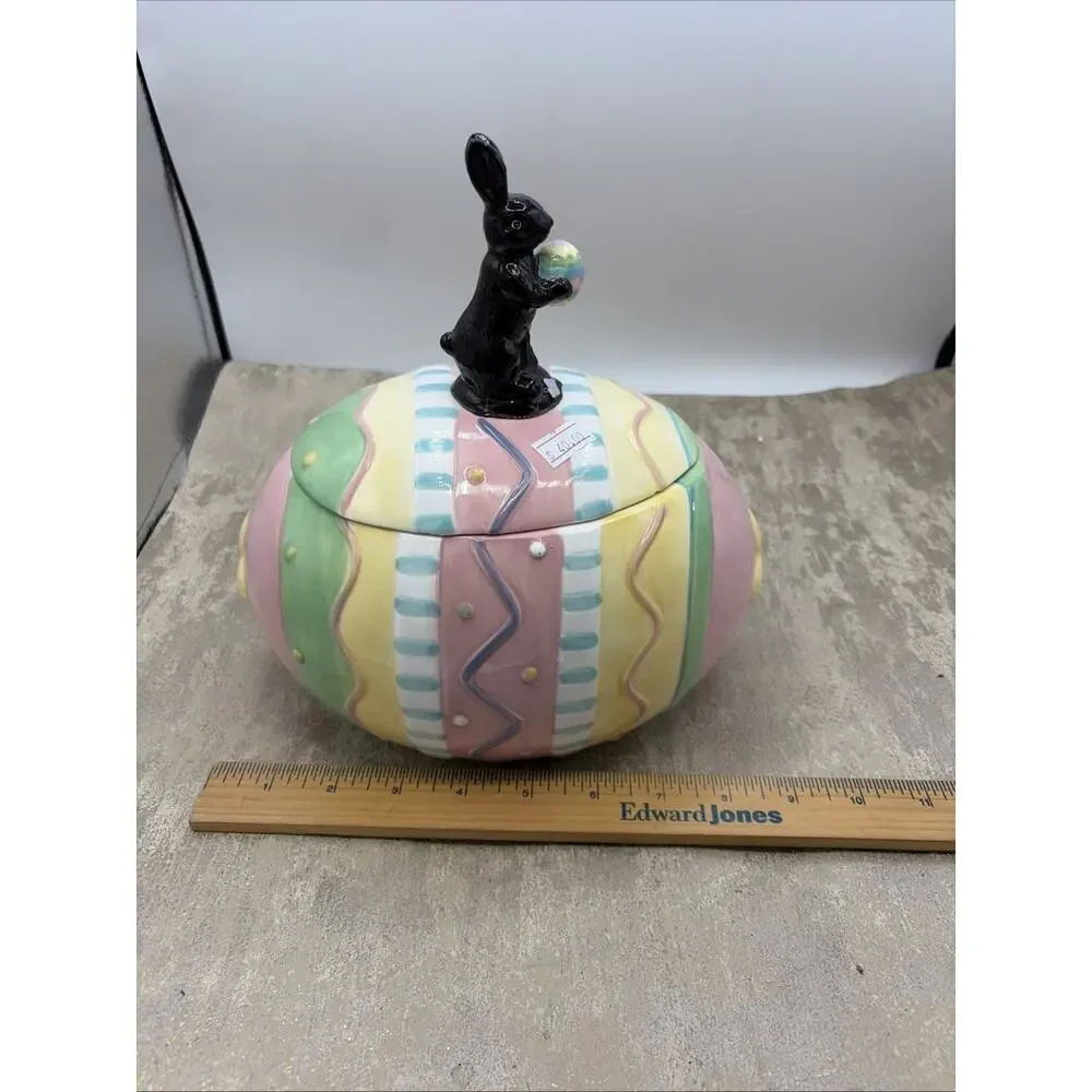 Home Interiors Easter Egg Cookie Jar Pastel Chocolate Bunny on Lid